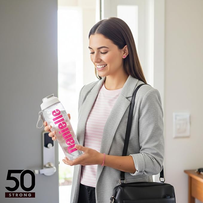 50 Strong Custom Water Bottle with Time Markers – Personalized 30 oz BPA-Free Leakproof Bottle with Chug Cap & Easy-Carry Handle – Made in USA
