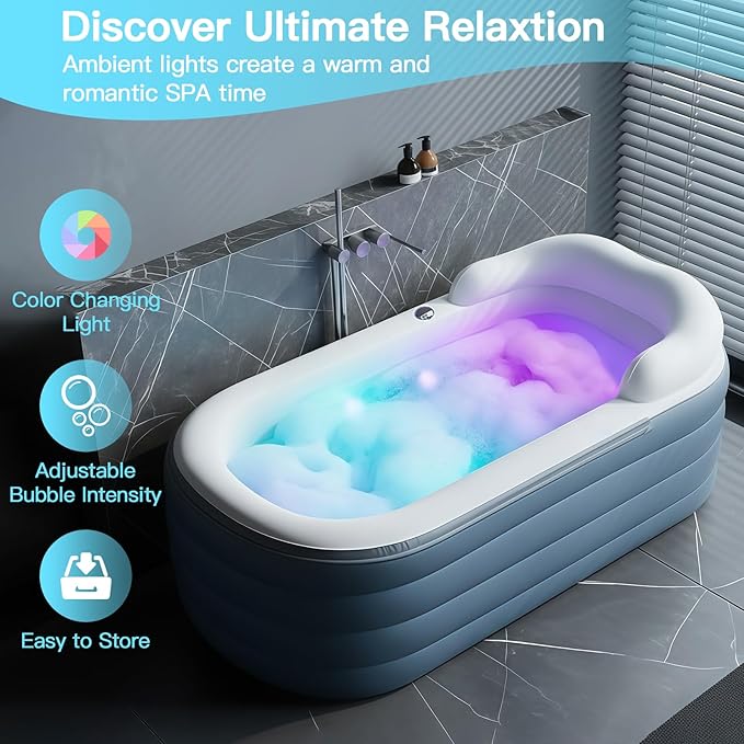 Adult Inflatable Bathtub with Air Bubble Mat, 66'' Portable Spa Water Therapy Soaking Tub with Romantic LED Lights, Pillow/Backrest/Armrests Supported (Air Pump Included)