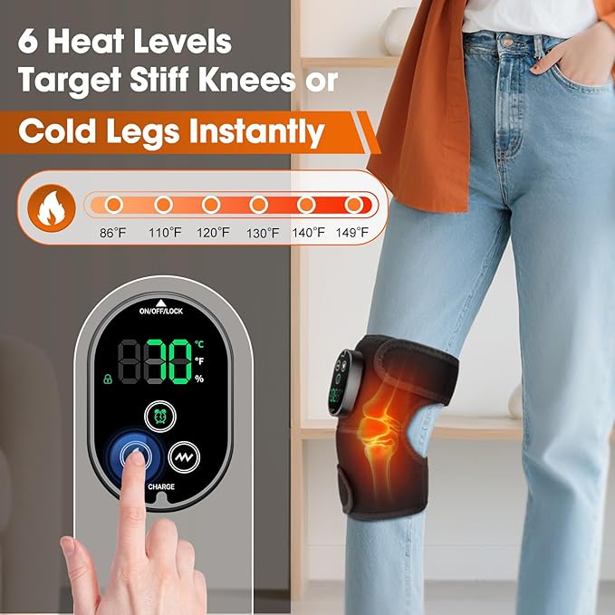 Cordless Heated Knee Massager for Pain Relief, Knee Heating Pad for Knee Arthritis, Heating Pad for Knee Pain, 6 Heatings, 3 Vibrations, 3 Timers, Adjustable Strap for Shoulder, Elbow, Knee