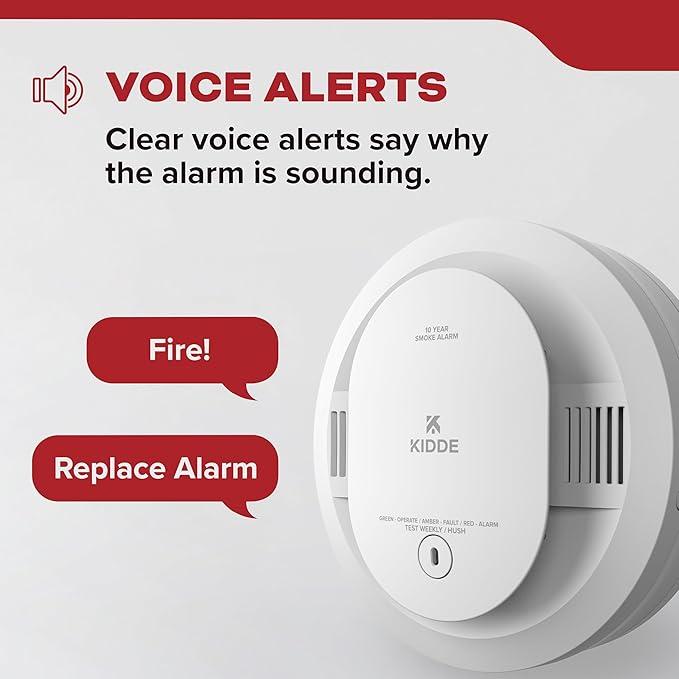 Kidde Smoke Detector, 10-Year Battery Powered, with Voice Alerts, LED Status Lights, 85 dB Alarm, 5-inches, 20SD10-V, 3 Pack