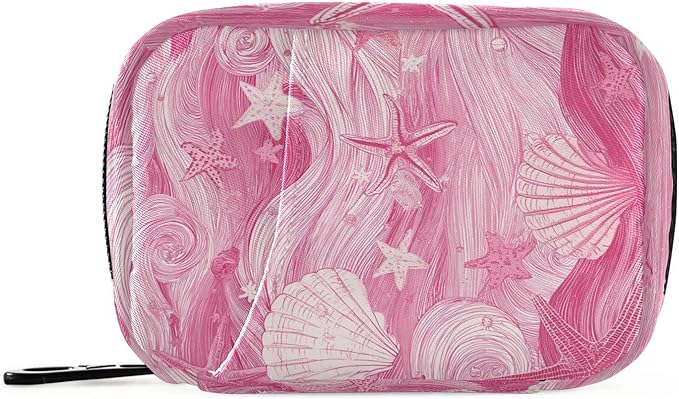 Bright Pink Waves Starfish and Shells Travel Pill Organizer Case Box Container Weekly Portable Vitamin Medicine Holder Storage Bag with Zipper Removable