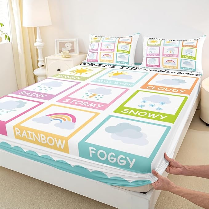 Feelyou Kids Educational Bed Sheet Set Full Size, Weather Bedding Set Learning Fitted Sheet Boys Girls Kindergarten Teens Bedroom Decor (2 Pillow Cases and a Fitted Sheet)
