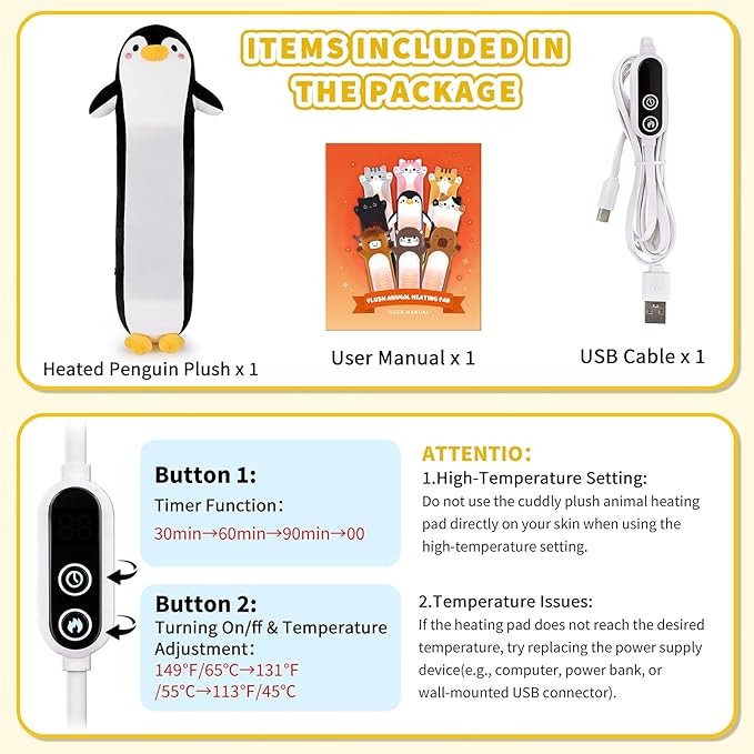 Penguin Heating Pad-USB Heated Plush Stuffed Animals for Period Cramps and Menstrual Pain Relief,20” Portable Electric Heating Pad,Built-Pocket Plushies for Women Girls Birthday Gifts