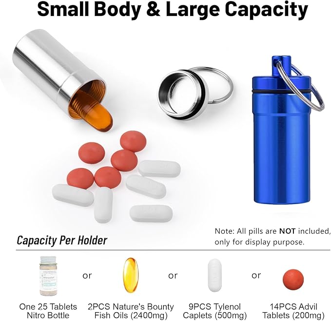 Keychain Pill Holder for Nitroglycerin, 3 Pack Mini Waterproof Portable Travel Purse Pocket Pill Case, Keychain Fob Container for 25ct Nitro/Nitroglycerin Bottle (3pcs-Silver + Red + Blue)