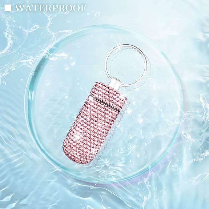 Yuchew Bling Pill Case Pill Container Rhinestone Pill Box Portable Waterproof Pocket Pill Holder Storage Bottle with Keychain for Travel, Outdoor, Camping (Pink)