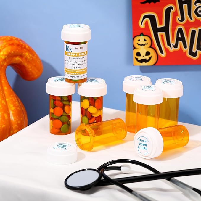 50 Set Nursing Halloween Party Supplies 50 Empty Pill Bottles with Caps Plastic Medicine Containers with 50 Sticky Label Pill Vial for Nurse Party Favors Serve(13 Dram)