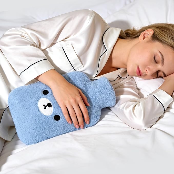 samply Hot Water Bottle with Cute Fleece Cover, Hot Water Bag for Hot and Cold Compress, Hand Feet Warmer, Neck and Shoulder Pain Relief, Light Blue Bear
