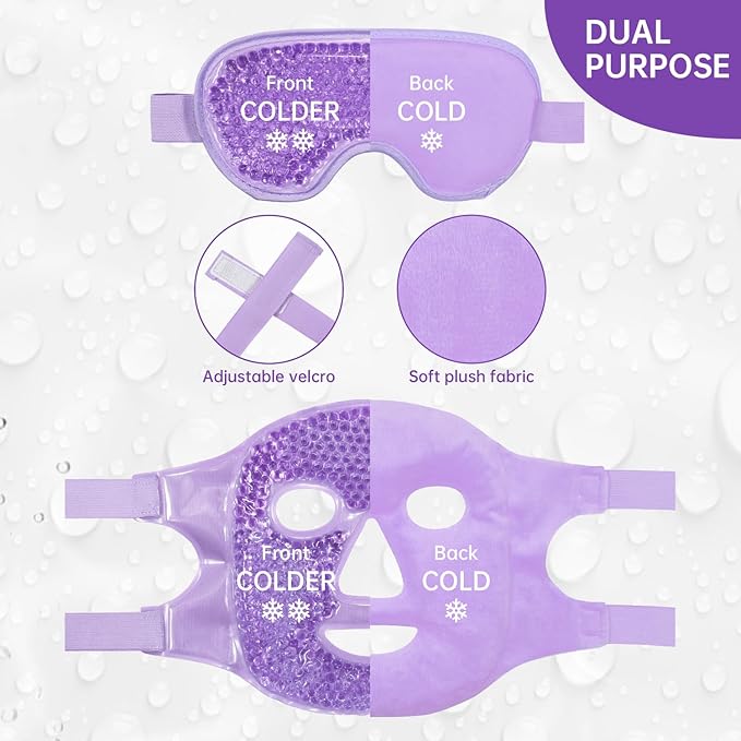 ZNÖCUETÖD Cooling Ice Face Eye Mask for Reducing Puffiness, Bags Under Eyes,Sinus,Redness,Pain Relief,Dark Circles, Migraine,Hot/Cold Pack with Soft Plush Backing (Purple(1* Eye Mask+1*Face Mask))