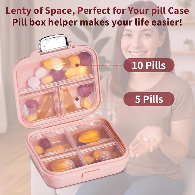 Daviky Travel Pill Organizer,Small 7-Compartment Pill Box for Vitamins & Medications, Compact Medicine Case for Pocket or Purse(Pink)