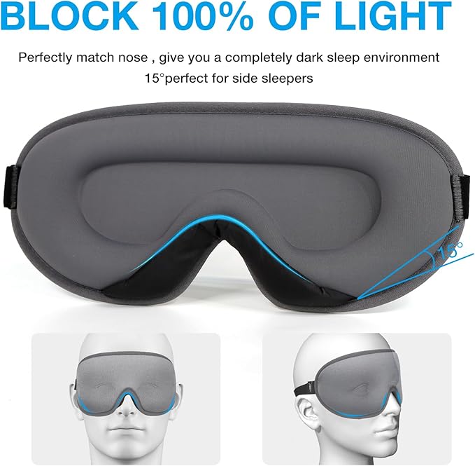 LYSIAN Cooling Sleep Eye Mask Men Women, 3D Night Blindfold Sleep Mask with Earplugs, Soft Pressure-Free Shade Cover for Travel, Yoga (Silver-Grey)