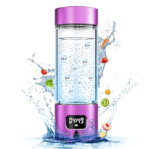 Hydrogen Water Bottle - Portable Rechargeable Water Bottle with LED Timer, Aluminum and Glass, 5000 PPB Hydrogen Production, Gift for Husband Wife Father Friend Client (Purple, 11.6Oz)
