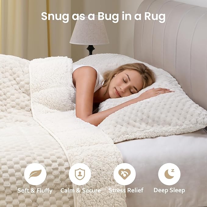 Drewin Weighted Blanket for Adults Queen Size 15lbs, Soft Cozy Turtleback Sherpa Weighted Blankets for Sleeping and Calming, Thick Bed Blanket for Couch Bed, 60 x 80 inches, Cream White