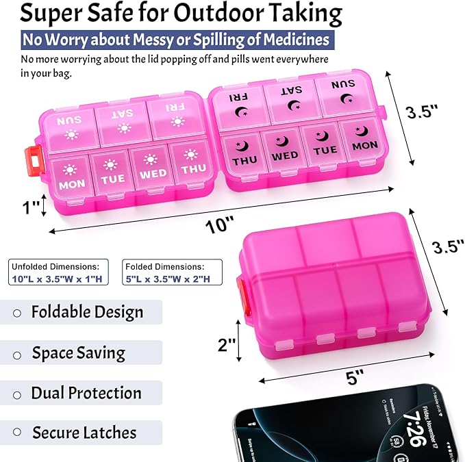 Foldable & Portable Weekly Pill Organizer 2 Times a Day with Clear Printed Labels - 7 Day AM PM Medicine Box, Week Daily Travel Pill Case Holder for Medications, Vitamin, Supplement - Clear Pink