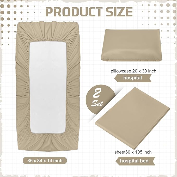 Moukeren 6 Pcs Hospital Bed Sheets Set Deep Pocket Fitted Sheet 36 with Elastic All Around Easy Care Knitted Jersey for Home/Nursing Home (Khaki)