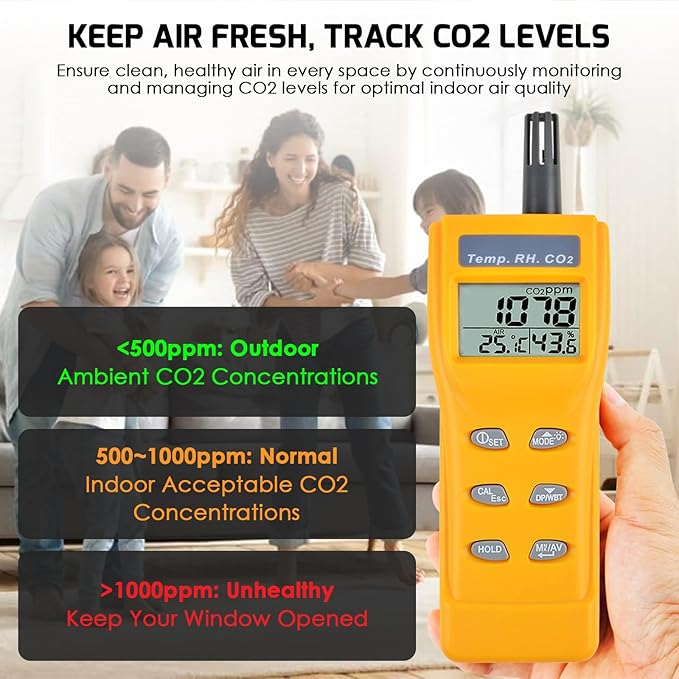 CO2 Meter Portable CO2 Detector Digital CO2 Monitor with Alarm Function Carbon Dioxide Temperature and Humidity Meter, NDIR CO2 Sensor Indoor Air Quality Monitor for Home Office Grow Room