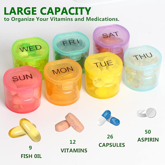 NatureTouch Weekly Pill Organizer, BPA Free Medicine Organizer Rainbow 7 Day Pill Box, Daily Portable Pill Conatainer for Pills/Vitamin/Fish Oil/Supplements [Lastest Version],Black