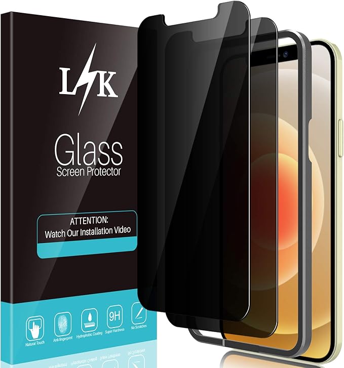 L K 2 Pack LϟK Privacy Screen Protector Designed for iPhone 12 and iPhone 12 Pro 5G 6.1 inch Tempered Glass High Clear, Case Friendly, Come with Installation Tray -Black