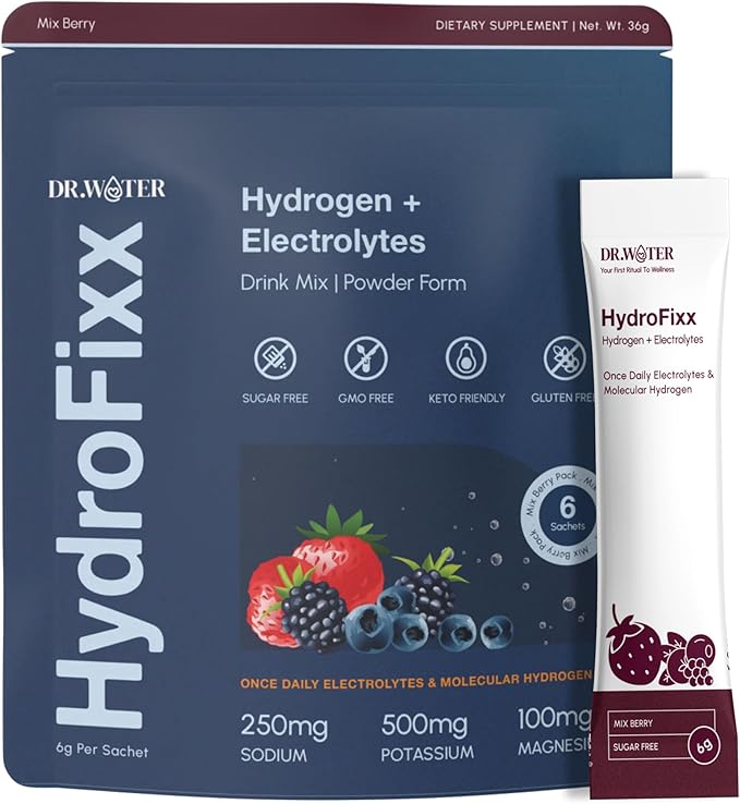 HydroFixx Hydrogen + Electrolytes Mix - Variety Pack | H2 Hydration with Molecular Hydrogen, Sodium, Potassium, Magnesium | LemonLime, MixBerry, Orange Caffeine | 6 Count (6, Mix Berry)