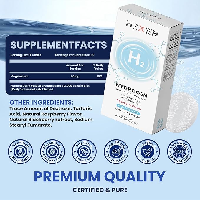 Molecular Hydrogen Tablets with Magnesium - 8 PPM Hydrogen Water Tablets for Drinking Water - Rich in Antioxidants, Supports Healthy Aging, Cellular Energy & Brain Health (60 Counts, Raspberry)