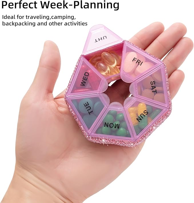 Round Pill Organizer Small Weekly Pill Case for Purse Bling Cute Medicine Pill Box Compact Vitamin Container 7 Day Daily Pill Holder Planner(Pink)