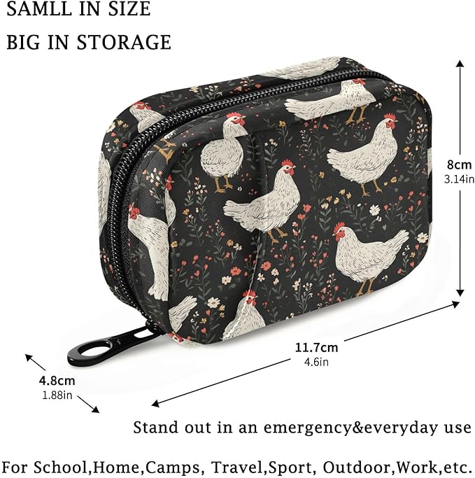 Fustylead White Farm Hen and Plants on Black Background Travel Pill Case Bag with Zipper Weekly Pill Box 8 Compartments 7 Day Personal Pill Case Purse Medicine Case Organizer