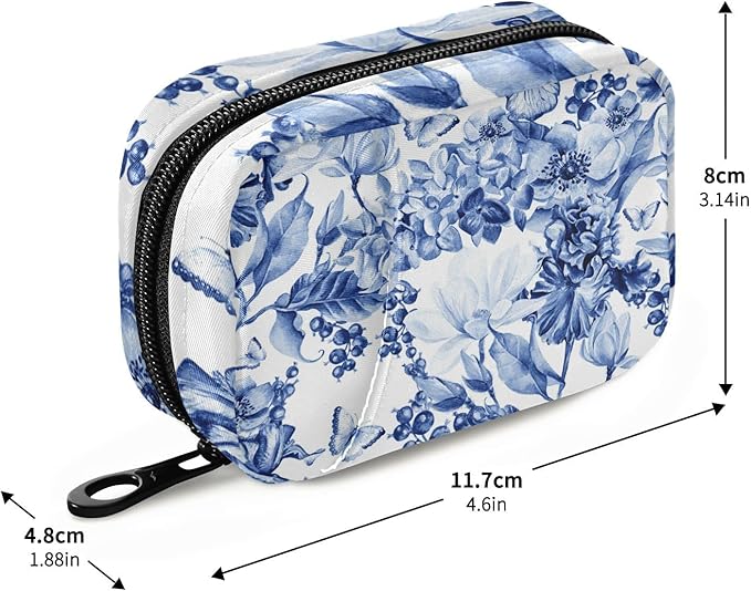 Cute Travel Pill Organizer Case Holder Container Dispenser Box 7 Day Weekly Large Capacity with 8 Daily Vitamin Medicine Holder Bottle Organizers Small Pills Cases Blue White Flower Butterfly