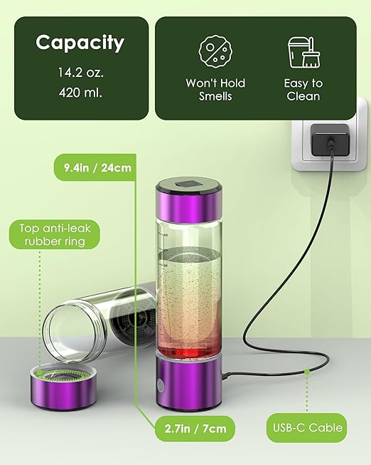 Upgrade Hydrogen Water Bottle, 3Min 2200PPB Rapid Hydrogen Water Generator -SPE PEM Tech, 14OZ Portable Hydro Water Machine, (Purple)
