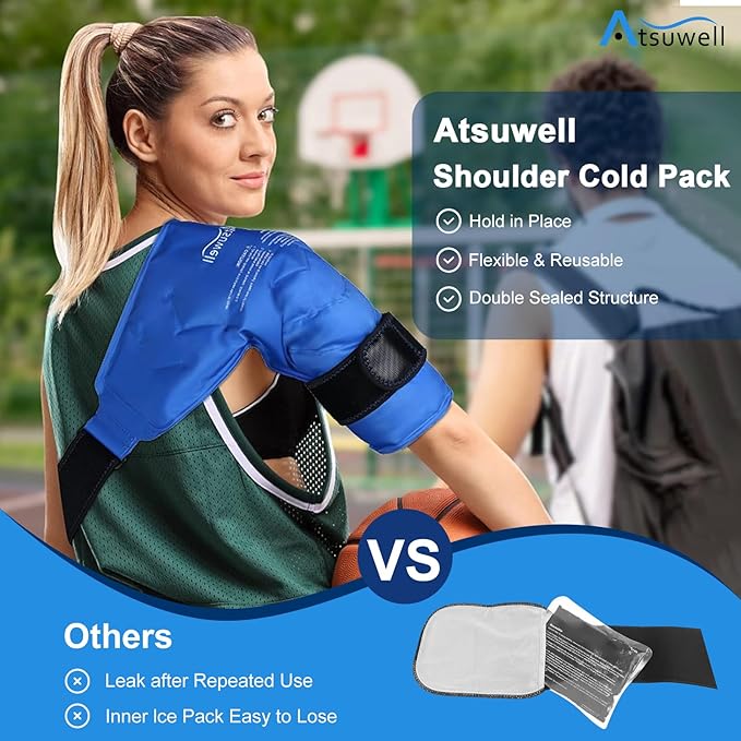 Atsuwell Shoulder Ice Pack Rotator Cuff Cold Compression, Reusable Gel Ice Pack Shoulder Wrap, Flexible Arm Cold Pack for Men and Women, Blue