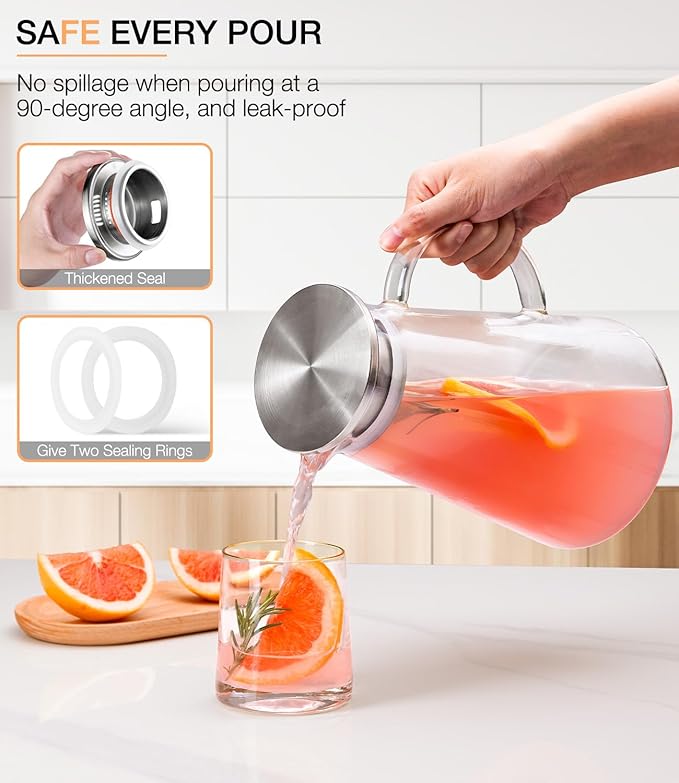 LUNA&MANTHA Glass Pitcher, 2 Liter 68oz Water Pitcher with lid and Handle, Large Ice Tea Jug for Fridge, Borosilicate Glass Carafe for Hot/Cold Drink, Juice, Coffee, Milk, Beverage