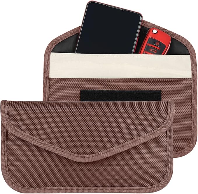 Faraday Key Fob Protector (2 Pack), Premium Faraday Bag/Pouch, Car Key Signal Blocker, Signal Blocking Bag for Cell Phone Privacy P (Brown)