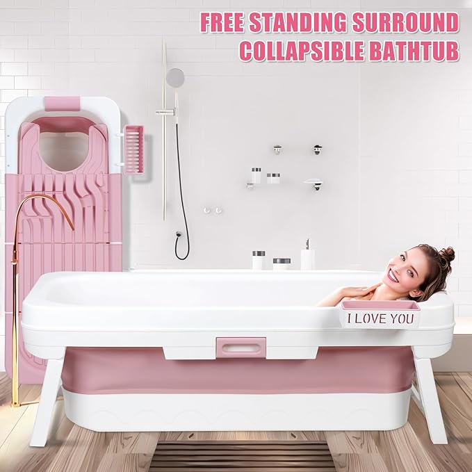 Portable Bathtub, 58/56/50/46 Inch Collapsible Bathtub, Freestanding Foldable for Adults, Folding Tub for Shower, Hot Bath, Ice Bath (Pink-A-150cm)