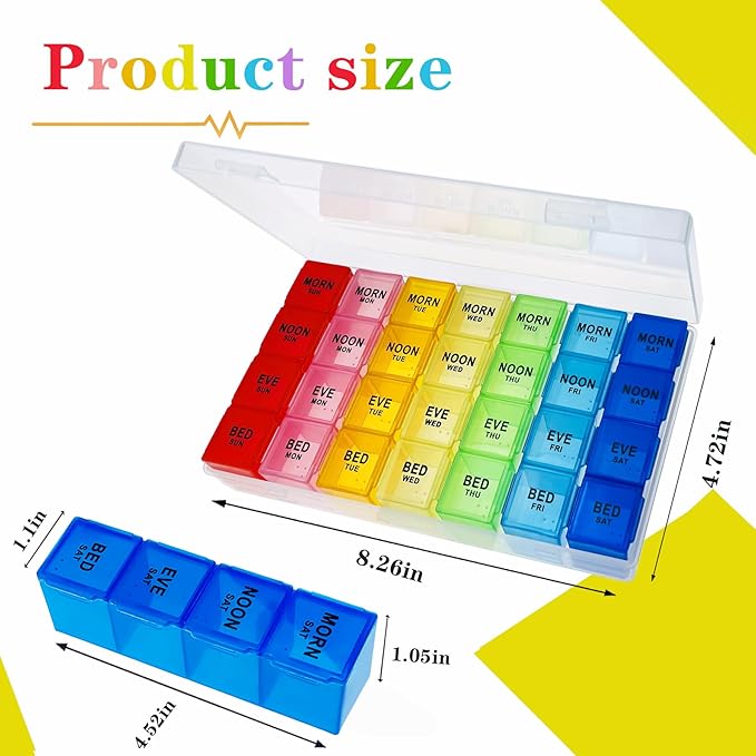 Weekly Pill Organizer 4 Times a Day, Medicine Organizer Box, Travel Daily Pill Box Organizer 7 Day, Pill Case, Pill Container Holder for Hold Vitamins/Fish Oils.