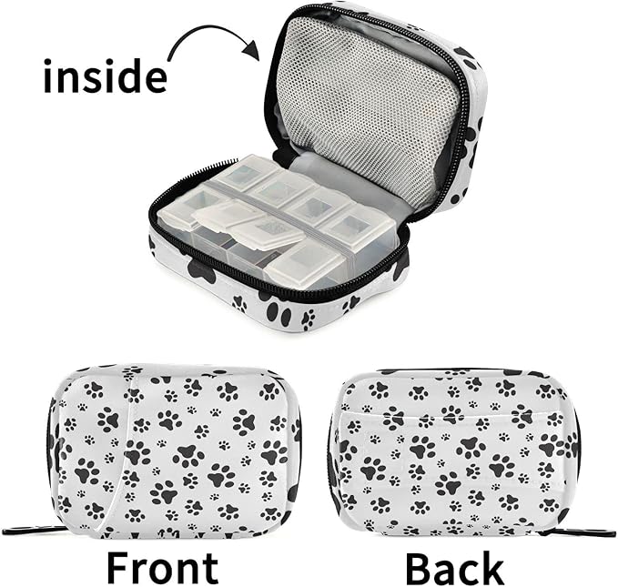 Pill Box Dog Paw 7 Day Pill Case Travel Pill Organizer Bag with Zipper Portable Weekly Vitamin Medicine Supplement Holder Pouch Bag