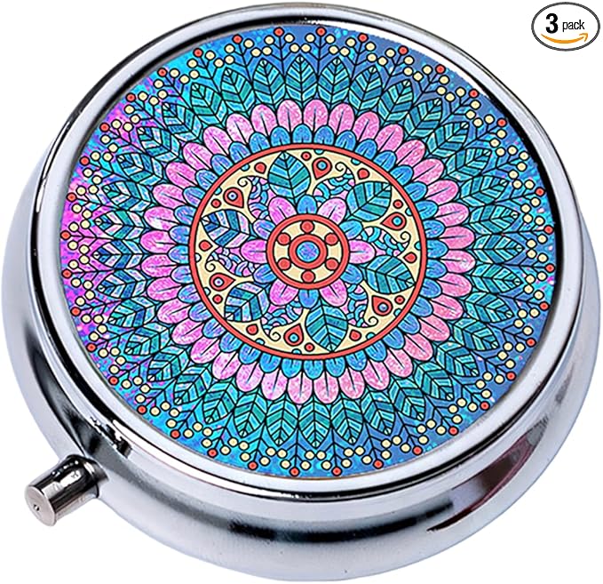 Small Pill Box with Mirror Mandala 3 Compartment Pill Holder for Purse or Pocket Bronze Portable Medicine Vitamin Container Fish Oil and Supplement Storage BPA-Free(Purple Blue)