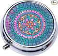 Small Pill Box with Mirror Mandala 3 Compartment Pill Holder for Purse or Pocket Bronze Portable Medicine Vitamin Container Fish Oil and Supplement Storage BPA-Free(Purple Blue)