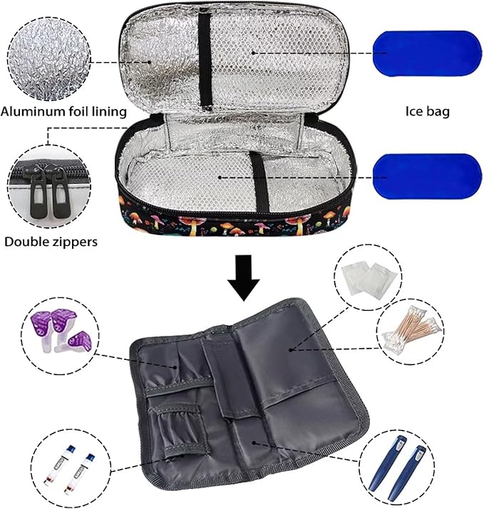 Novelty Mushroom Insulin Cooler Travel Case, Expandable Insulated Diabetic Bag Portable Medication Cooler Bag for Insulin Pens and Blood Glucose Monitor Supplies