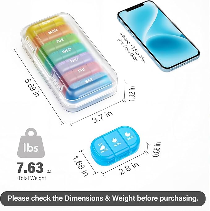 Vikie Weekly Pill Organizer 3 Times a Day with Morn NOON Night Sections, BPA-Free, Portable & Moisture-Proof for Pills, Vitamins, Supplements (3x7 Transparent + Rainbow)