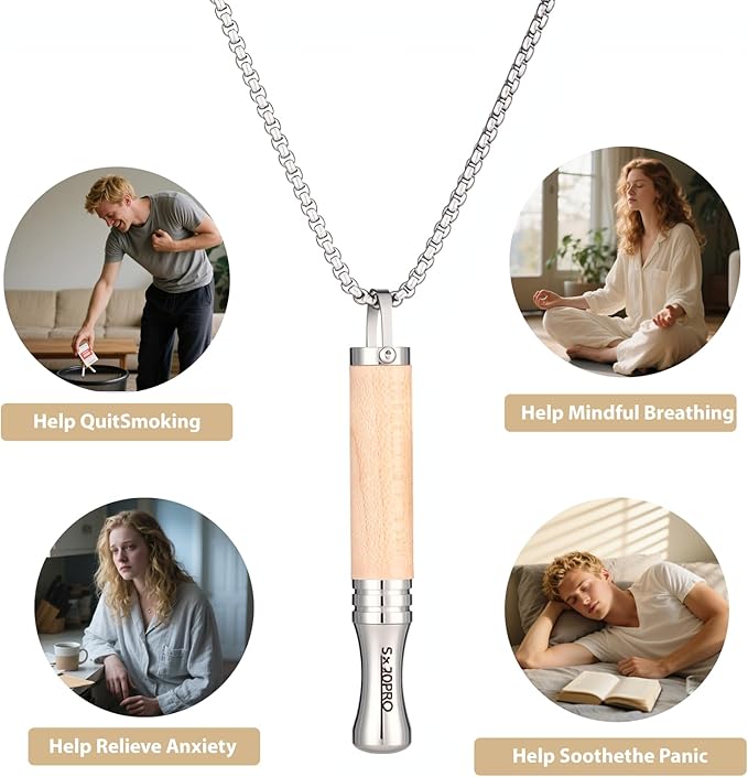 Anxiety Breathing Necklace with Resistance, Quit Smoking Necklace with Mint Filter, Quit Vaping Tool with Air Filter, Anxiety Relief Breathing Tool (Maple)
