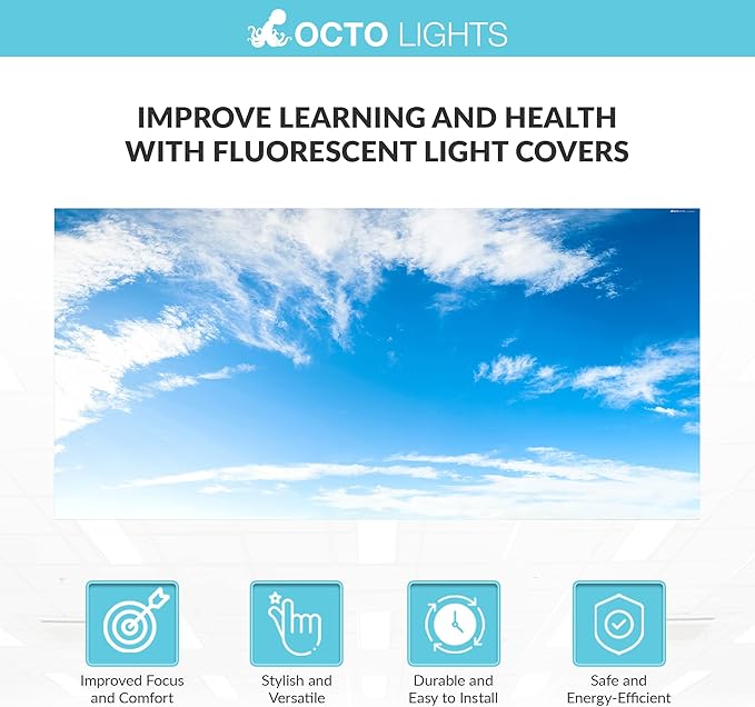 OCTO LIGHTS Fluorescent Light Covers Cloud Sky Panel for Ceiling Lights, Light Covers for Ceiling Lights Classroom 2x4 (22.38"x46.5") Backlit Film Insert for Fluorescent Light Fixtures (Pack of 1)