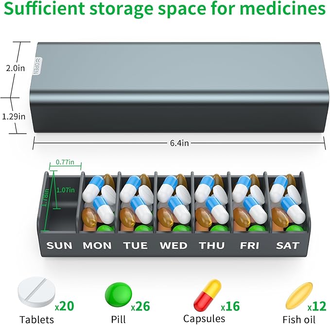 Metal Weekly Pill Organizer 7 Day,Removable Comparments Daily Pill Box, Travel Pill Case, Large Capacity Cute Pill Holder to Hold Vitamins, Medicines, Supplements, Pills Organizer