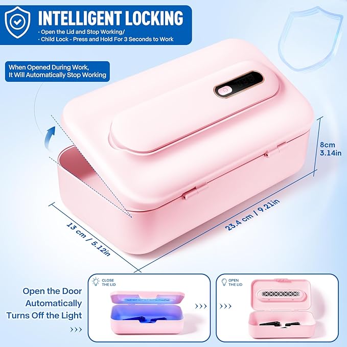 Nail Tool Sterilizer Box - Portable Recharging Nail Tool Cleaner Box Container Plastic Sterilizer Machine for Nail Tools,Tweezers,Hair Salon,Tattoo,Jewelry, Phone (Pink)