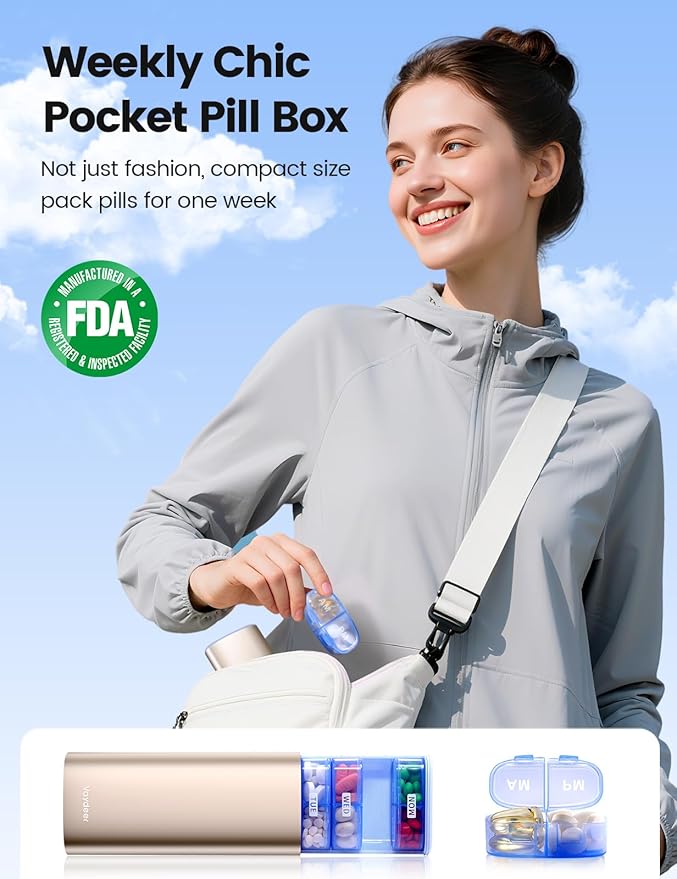 Vaydeer AM/PM Metal Pill Organizer, Weekly Pill Box with Built-in Desiccant Compartment, Airtight Travel Pill Case for Medication, Vitamins & Supplements (Silver)
