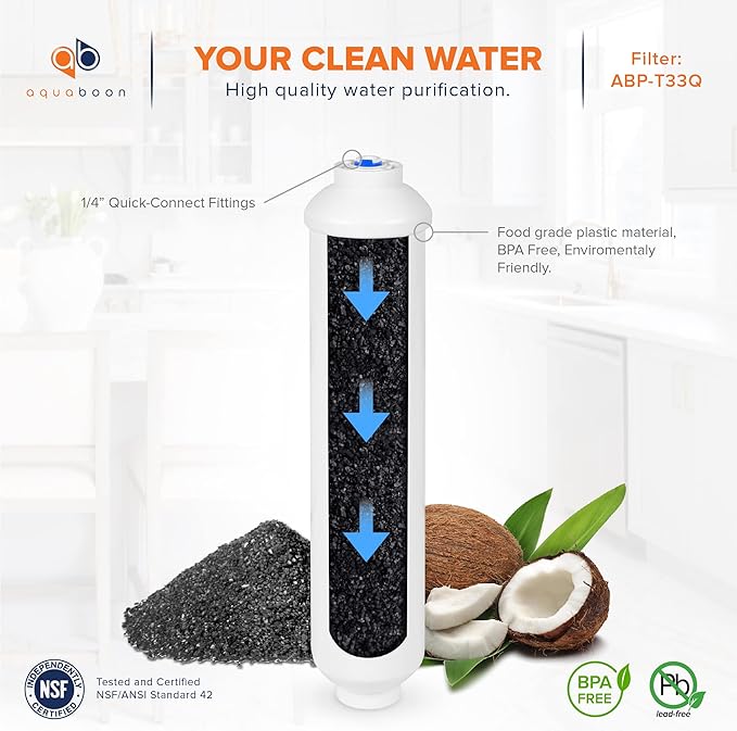 Aquaboon Premium Inline Post/Carbon Polishing Water Filter Catridge for Reverse Osmosis System Standard Size (Quick Connect Fiting) RO Water Filter Replacement Compatible with ICF-10 4-Pack