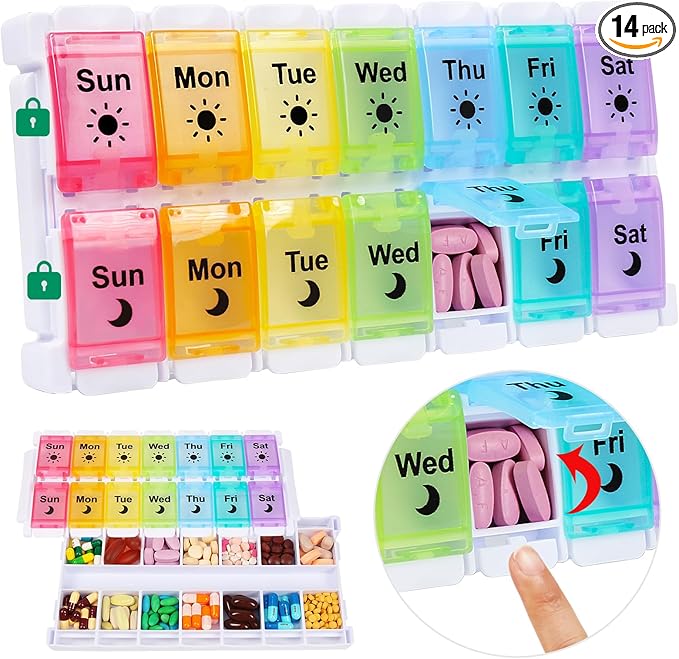Shintop Am Pm Pill Organizer 7 Day, Push Button Weekly Pill Box 2 Times a Day Easy Fill Pill Holder Day Night Vitamin Case for Medications Fish Oil Supplements (Rainbow)