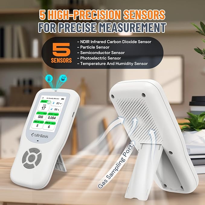 LifeBasis Air Quality Monitor Indoor, 10-in-1 Air Quality Detector with Stand, Real-Time Air Meter Test AQI, PM1.0, PM2.5, PM10, CO2, TVOC, HCHO, Particles, Temperature and Humidity with Alert -White