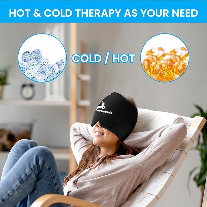 Migraine Relief Cap, One Size Fits All Hot/Cold Gel Head Wrap, Migraine Cooling Eye Mask, Strong Elastic Comfort Fit, Reusable Durable for Stress & Headache Relief, FSA|HSA Eligible, Gift Box (Black)