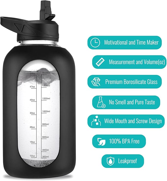 64 oz Glass Water Bottle With Straw and Handle, Half Gallon Sports Motivational Water Jug Flask with Silicone Sleeve, Large Water Cup with Time Marker for Travel, Gym, Army Green