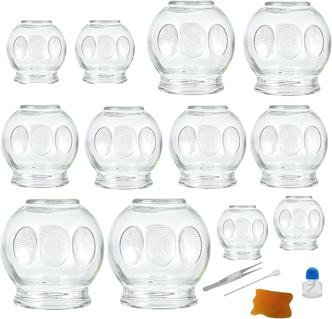 12PCS Glass Cupping Therapy Set Professional Chinese Traditional Acupoint Massage Cups for Cupping Therapy Treatment Thick Glass Cupping Set for Body