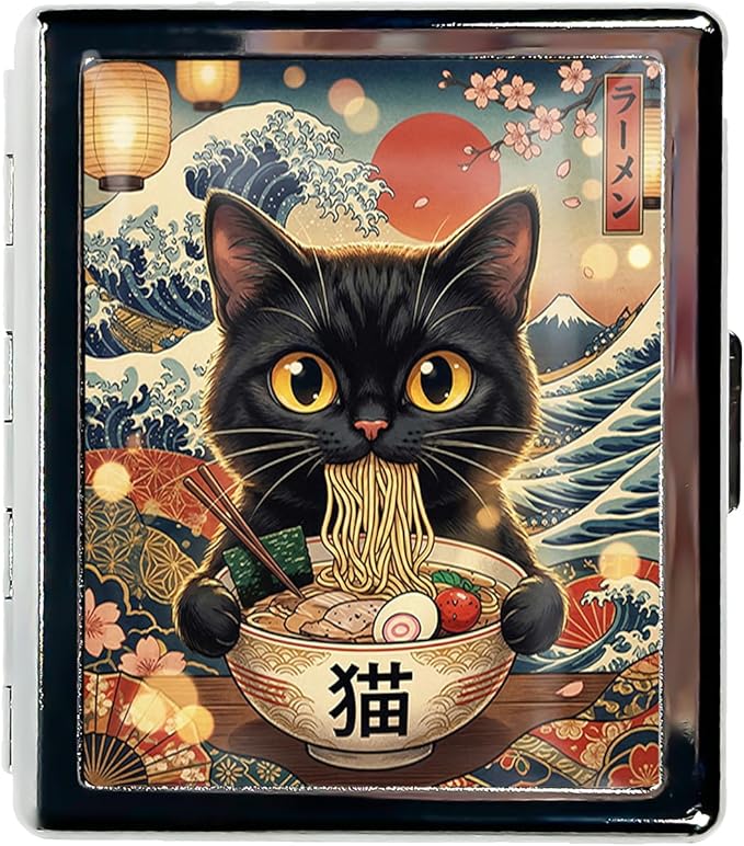 Metal 7 Day Pill Organizer, Weekly Pill Case 8 Compartments, Travel Pill Box for Purse & Pocket, Small Medicine & Vitamin Organizer, PP Dividers, Secure Clasp (Ramen Cat)