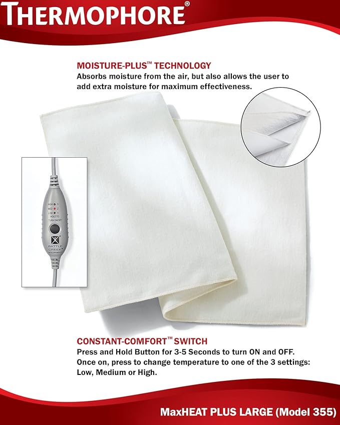 Thermophore MaxHEAT Plus Automatic Moist Heating Pad - Size Large 14" x 27" - Model 355 - Deep Penetrating Moist Heat Therapy for Back, Muscle, and Joint Pain